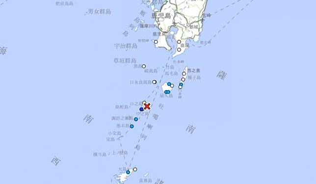日本鹿兒島縣近海發生地震，震央位在鹿兒島縣南方的吐噶喇群島近外。 圖：翻攝自日本氣象廳官網