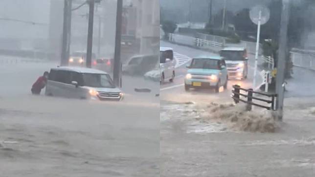 沖繩縣的豐見城市等，出現每小時110毫米的破紀錄短時間大雨。翻攝Twitter＠kariyushi19