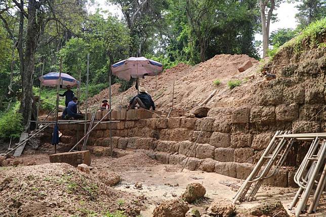 This undated photo shows the restoration site of the Angkor Thom temple's laterite wall in Siem Reap province, Cambodia. (ANA/Handout via Xinhua)