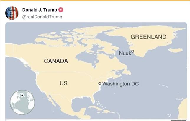 美國候任總統川普當地時間 8 日在其自創社交平台Truth Social發布一張「新地圖」，圖上丹麥的格陵蘭島、加拿大和美國均用統一的黃色標記。 翻攝自 Truth Social Donald J. Trump