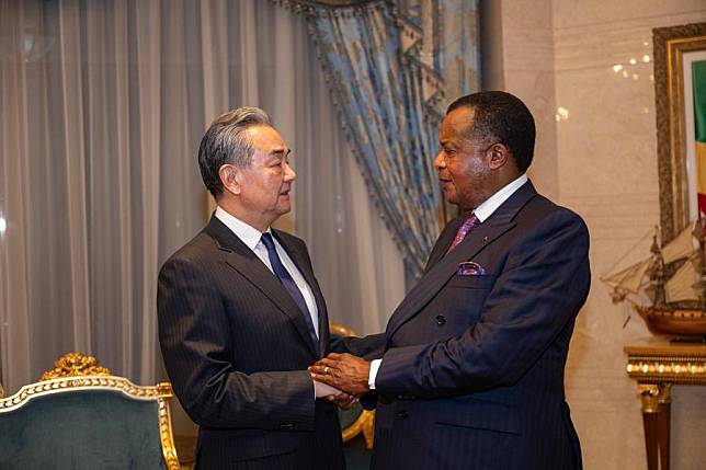 President of the Republic of the Congo Denis Sassou Nguesso meets with Chinese Foreign Minister Wang Yi, also a member of the Political Bureau of the Communist Party of China Central Committee, in Brazzaville, the Republic of the Congo, Jan. 7, 2025. (Xinhua/Zheng Yangzi)