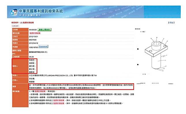 原由先進光的朱、翁、謝、鄒4位工程師與副總羅章浚並列發明人的專利，現在專利權人已改為大立光。（翻攝畫面）