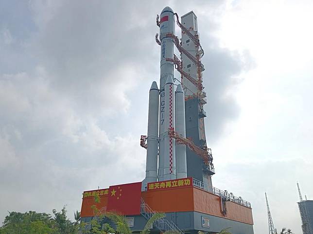 This photo taken on Nov. 13, 2024 shows the combination of the Tianzhou-8 cargo spacecraft and a Long March-7 Y9 carrier rocket being vertically transferred to the launch area. (Photo by Huang Guochang/Xinhua)