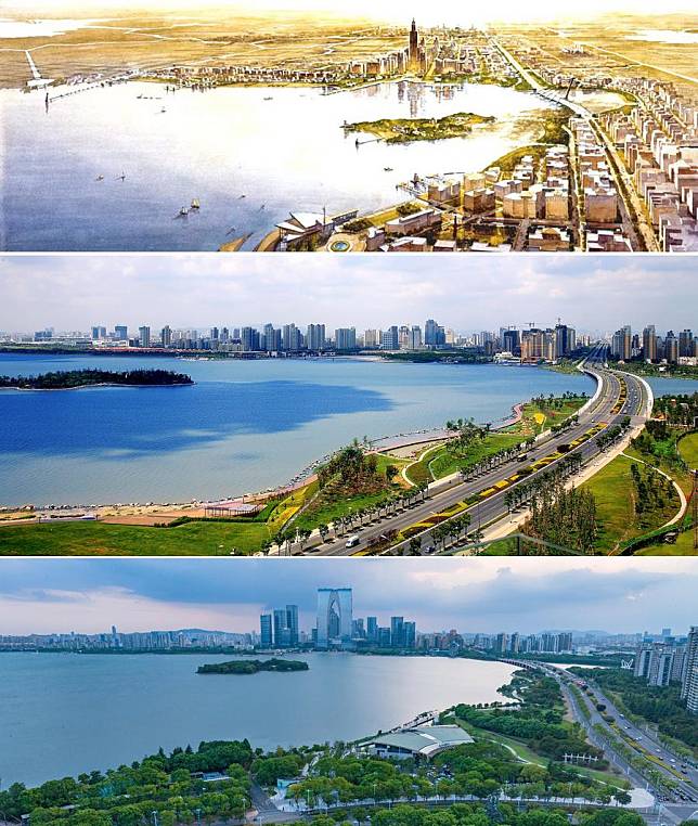 This combo photo shows a blueprint of the Suzhou Industrial Park drawn in 1994 (top), a view of the industrial park in 2012 (middle), and an aerial view of the industrial park (bottom, taken by Xinhua photographer Li Bo) on Aug. 29, 2024, in Suzhou, east China's Jiangsu Province. (Xinhua)