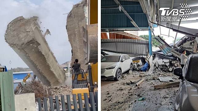 飼料塔倒塌砸毀汽車車廠。（圖／左：翻攝自記者爆料網、右：TVBS）