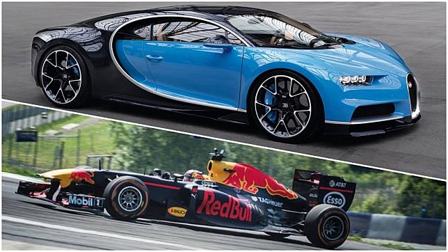 地表最速之一的Bugatti Chiron與F1一級方程式的直線對決，兩者的加速表現都相當驚人。（圖片來源/ Bugatti、Red Bull）