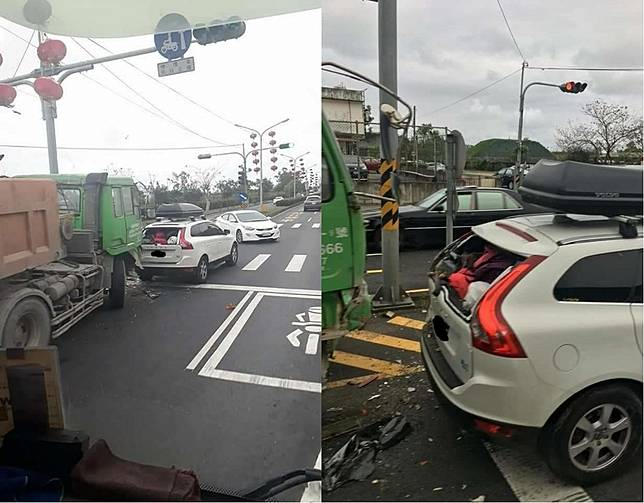 ▲白色 VOLVO 休旅車遭後方砂石車追撞竟幾乎毫髮無傷。（圖／翻攝自「台灣新聞記者聯盟資訊平台」）