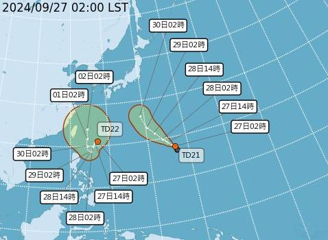 氣象專家林得恩表示，熱帶性低氣壓TD22可能在明日增強為颱風「山陀兒」。圖／翻攝自氣象署