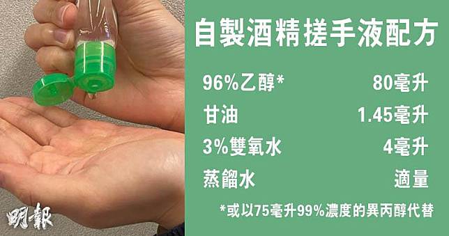 香港大學藥理及藥劑學系在facebook發放短片，根據世界衛生組織配方，教大家自製酒精搓手液。（資料圖片／明報製圖）