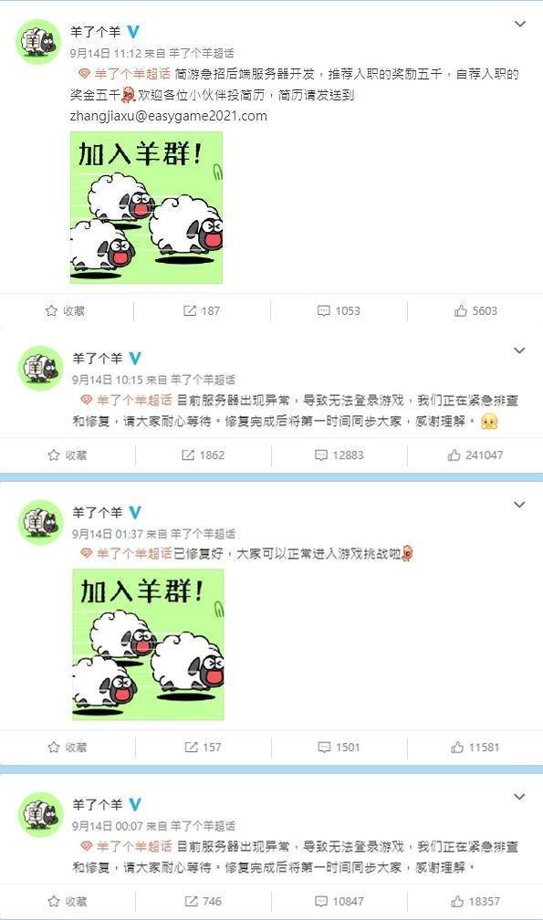 羊了個羊因為被玩爆導致伺服器掛點，甚至一度無法登入。（翻攝自羊了個羊微博）