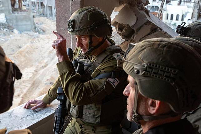 Israel's military chief Herzi Halevi &copy; makes an inspection near the site where Hamas leader Yahya Sinwar was killed in the Gaza Strip, Oct. 17, 2024. (Israel Defense Forces/Handout via Xinhua)