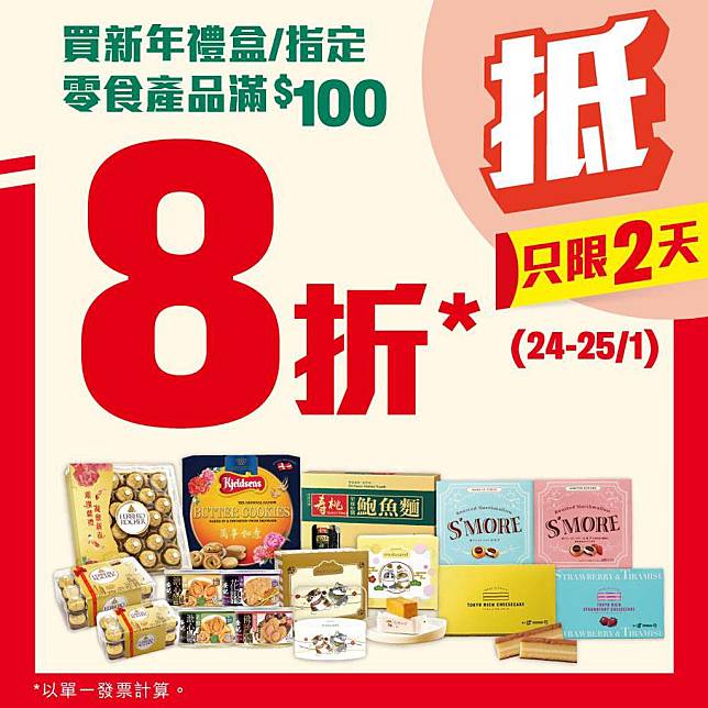 1月24日早上7時至1月25日在任何一間7-Eleven買新年禮盒／指定零食滿$100可獲八折（圖片由相關機構提供）