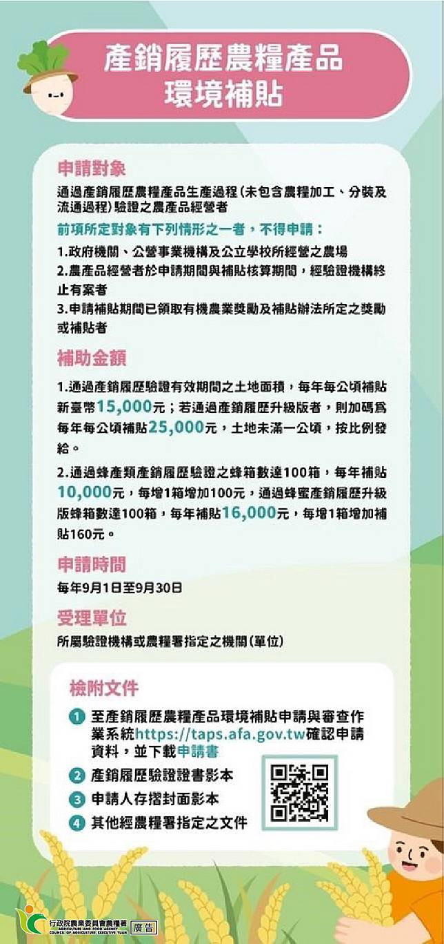 111年產銷履歷農糧產品環境補貼方式。（農糧署提供）