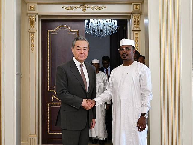 Chadian President Mahamat Idriss Deby Itno (R, Front) shakes hands with Chinese Foreign Minister Wang Yi, also a member of the Political Bureau of the Communist Party of China Central Committee, during their meeting in N'Djamena, Chad, on Jan. 8, 2025. (Xinhua/Han Xu)