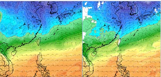 最新(6日20時)歐洲模式(ECMWF)，下周六(14日)20時模擬圖顯示，850百帕零度(紅)線，在北部近海(左圖)。最新(6日20時)美國模式(GFS)，14日20時模擬圖則顯示，850百帕零度(紅)線，已觸及北部陸地(右圖)。 圖/取自氣象應用推廣基金會「洩天機教室」專欄