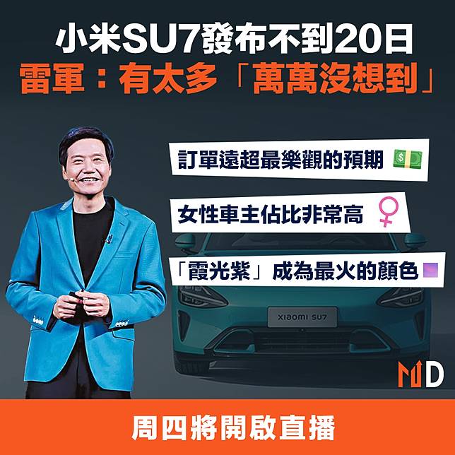 【MD市場熱話】小米SU7發布不到20日，雷軍：有太多「萬萬沒想到」