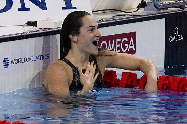 Gretchen Walsh of the United States reacts after winning the women's 100m freestyle final at the World Aquatics Swimming Championships (25m) in Budapest, Hungary, on Dec. 12, 2024. (Photo by Attila Volgyi/Xinhua)