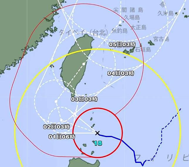 日本氣象廳預估山陀兒颱風路徑。（圖／日本氣象廳）