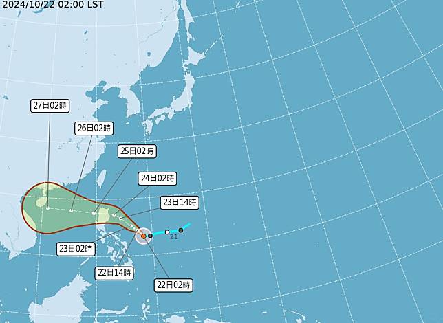 今年第20號輕度颱風潭美，中心位於鵝鑾鼻東南方1270公里的海面上，向西北進行，預估未來將通過呂宋島，並往南海方向的機率較高。（圖：氣象署網站）