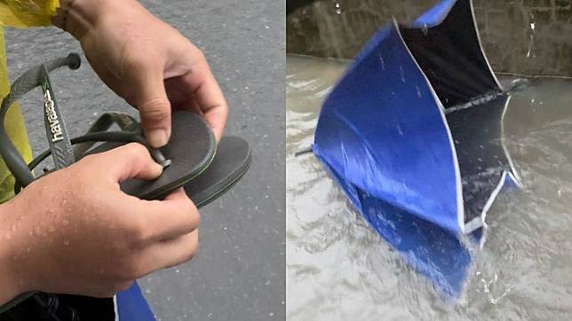 民眾才剛出門不久，雨傘與拖鞋就被水沖壞。Threads網友「@hhhz_02」授權提供