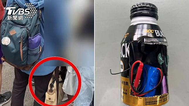 王男將裝有針孔攝影機的咖啡罐放在包包前。（圖／TVBS）