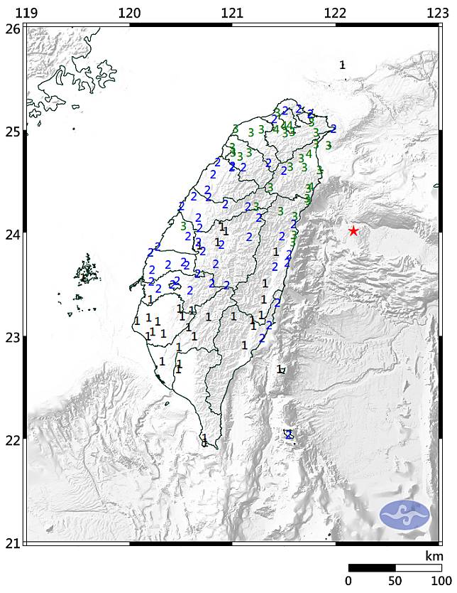 台灣東部海域(花蓮縣政府東方56.7公里)在3日下午17時46分發生芮氏規模6.0的地震，深度只有19.4公里。(圖:中央氣象局)