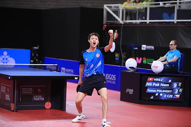 Hong Kong’s Ng Pak-nam celebrates a crucial point against Czech player Tomas Polansky in the World Team Qualification tournament. Photo: ITTF