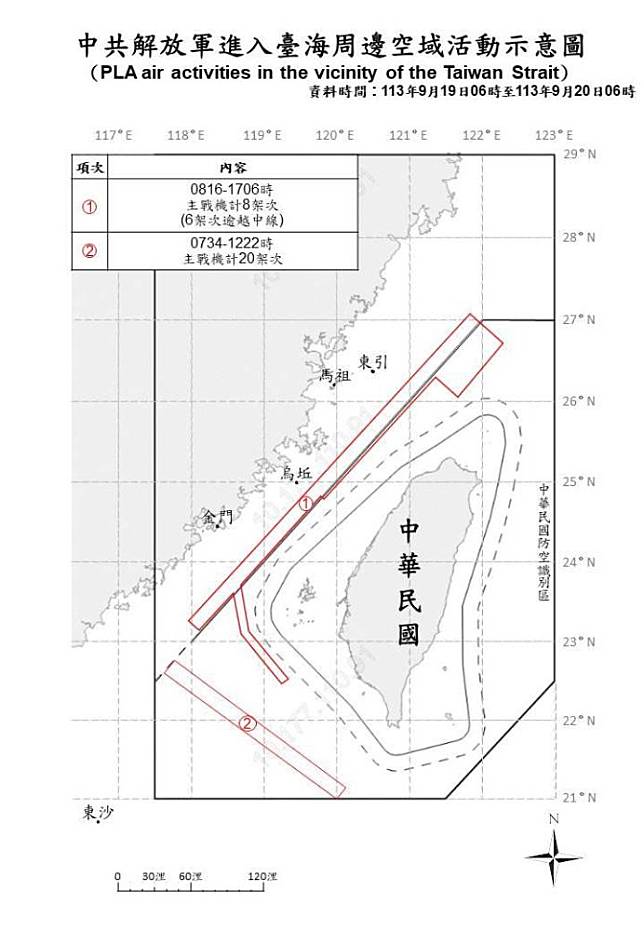 中共解放軍進入臺海周邊空域活動示意圖。（國防部提供）