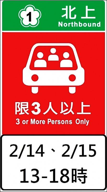 春節國道高乘載管制時段避民眾誤闖，高公局表示，將設圖形化告示牌提醒。(圖：高公局提供)