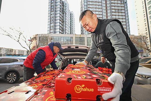 Staff members of a supermarket carry Chilean cherries in Xiqing District of Tianjin, north China, Dec. 26, 2024. (Xinhua/Sun Fanyue)