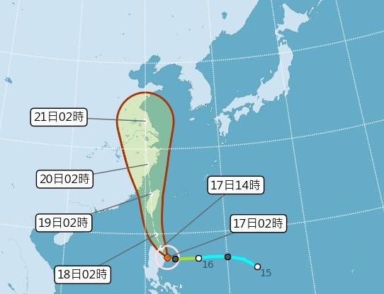 今年第5號颱風丹娜絲，清晨5時中心位於恆春南南東約530公里的海面上，氣象局於昨深夜已先發布海上颱風警報，預計最快在今日近中午將發布陸上警報。(圖擷自氣象局)