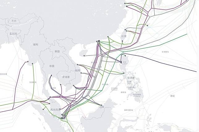 海底電纜屢被破壞，國安局表示，未來應加強權宜輪登檢管制通報。（圖為與越南連接的海纜地圖／取自Submarine Cable Map官網）