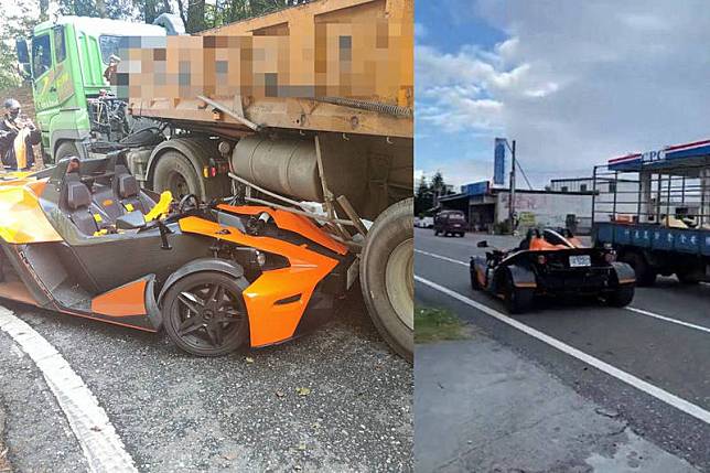 花蓮台8線18日發生超跑撞入砂石車車斗下車禍事件，該部跑車在事發前，還曾在台11線省道逆向飆速。(民眾提供、報廢公社，本報合成)