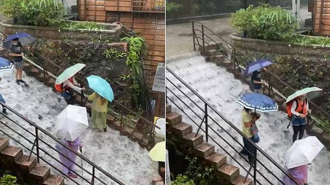 大雨不斷，黃金博物館樓梯成「瀑布」。（圖／翻攝記者爆料網）