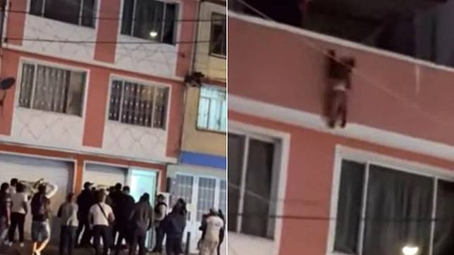 鄰居們發現2歲童懸掛於公寓外牆，聯手用外套、毛毯等物接住墜落的男童。翻攝自《Publimetro》