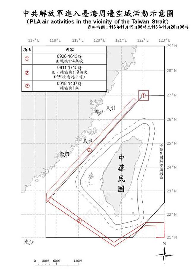 中共解放軍進入臺海周邊空域活動示意圖。（國防部提供）