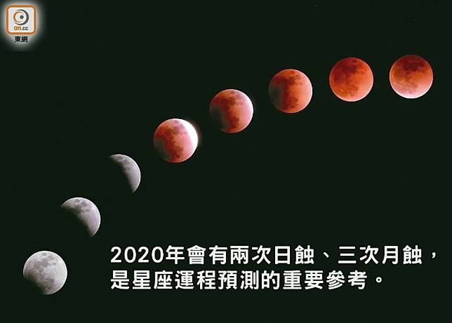 2020年兩次日蝕，分別是雙子座日蝕、人馬座日蝕；三次月蝕分別是雙子座月蝕、人馬座月蝕、山羊座月蝕。（互聯網）