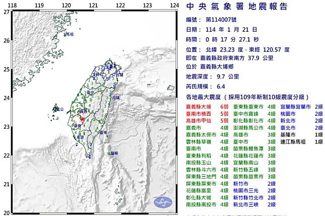 21日凌晨00時17分，嘉義縣大埔鄉發生芮氏規模6.4地震。（氣象署提供）