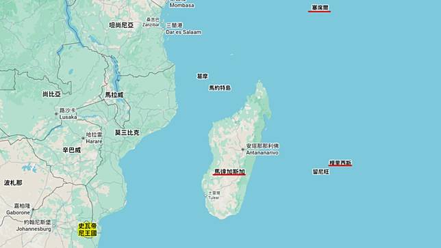 塞席爾（Seychelles）、模里西斯（Mauritius）、馬達加斯加（Madagascar）突取消專機飛航許可，導致總統賴清德出訪史瓦帝尼行程被迫取消。翻攝Google Maps