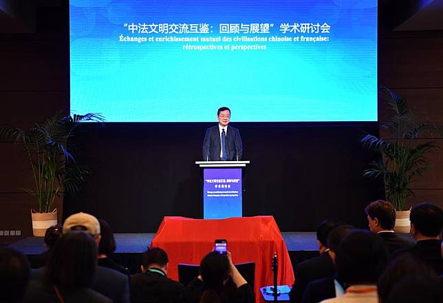 Gao Xiang, president of the Beijing-based Chinese Academy of Social Sciences (CASS), speaks at a symposium themed “Exchanges and Mutual Learning between the Chinese and French Civilizations: Review and Outlook” in Paris, France, on May 3, 2024. (Xinhua/Lian Yi)