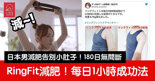 180日無間斷Switch RingFit每日1小時 日本男減肥告別小肚子