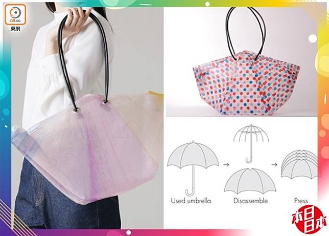 Mondo Design旗下品牌PLASTICITY將被丟棄的彩色膠雨傘循環再造，變成大大個潮爆Tote Bag。（互聯網）