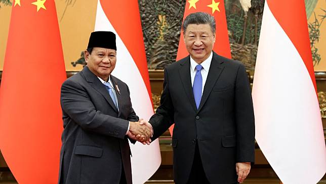 2024年4月1日，印尼總統當選人普拉伯沃（左）訪中，與中國國家主席習近平會面。路透社