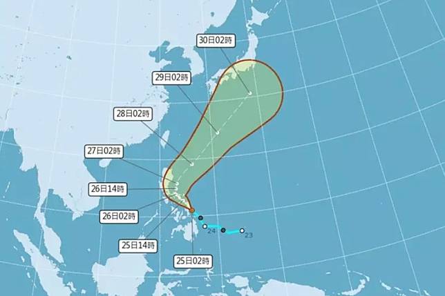 颱風「艾維尼」在下周一、二距離台灣最近。（取自氣象署）