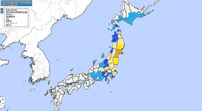 日本東北外海當地時間今(20)日晚間6點09分，發生規模7.2的強震，震源深度約60公里、最大震度5強。(圖擷取自日本氣象廳)