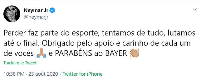 尼馬在Twitter祝賀拜仁時串錯對方名字，將Bayern寫為Bayer（尼馬twitter截圖）