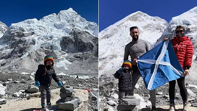 年僅2歲的卡特跟隨爸媽的腳步登上珠穆朗瑪峰基地營。（圖／翻攝自Daily Mail）