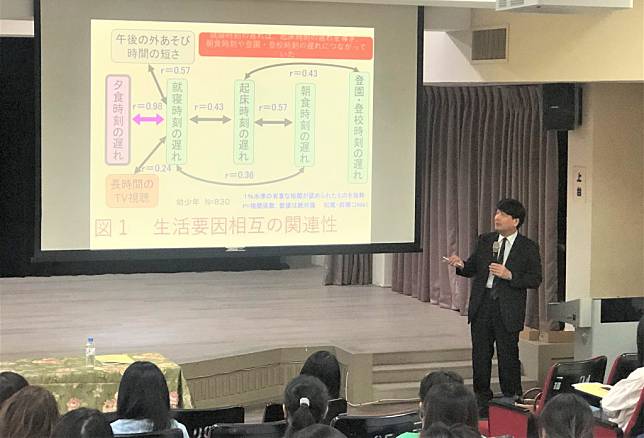 日本前橋明教授以幼兒一天生活作息說明睡眠對幼兒活動的重要。（新北市教育局提供）