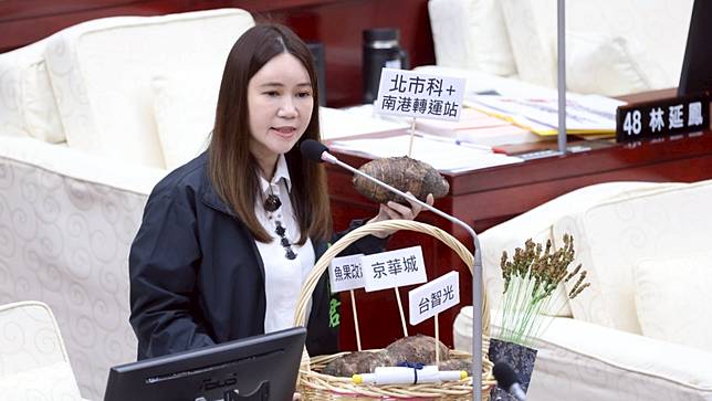照片是台北市議會進行市長施政報告，民進黨市議陳怡君將市府爭議事件插在芋頭，象徵燙手山芋給市長蔣萬安。資料照。廖瑞祥攝