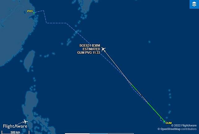 上海航空使用的波音公司(Boeing Co)737 MAX飛機，7日將從關島飛往上海。(圖:FlightAware)